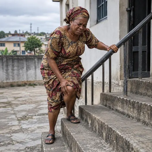Nigerian woman experiencing knee and waist stiffness before starting a joint-support routine