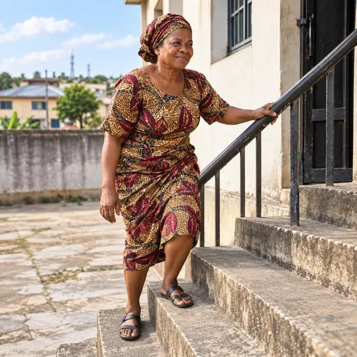 Nigerian woman moving more comfortably during her daily joint-support routine